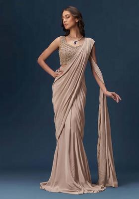 Grey Embroidered Net Pre Draped Saree Set