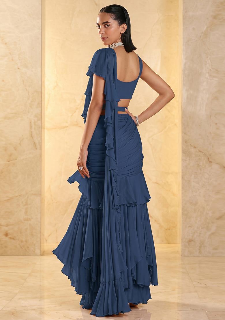 Midnight Blue Embroidered Handwork Pre Draped Saree Set - Indya