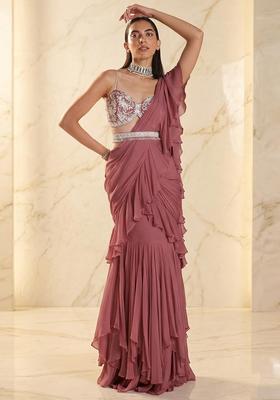 Mauve Embroidered Handwork Pre Draped Saree Set