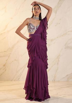 Magenta Embroidered Handwork Pre Draped Saree Set