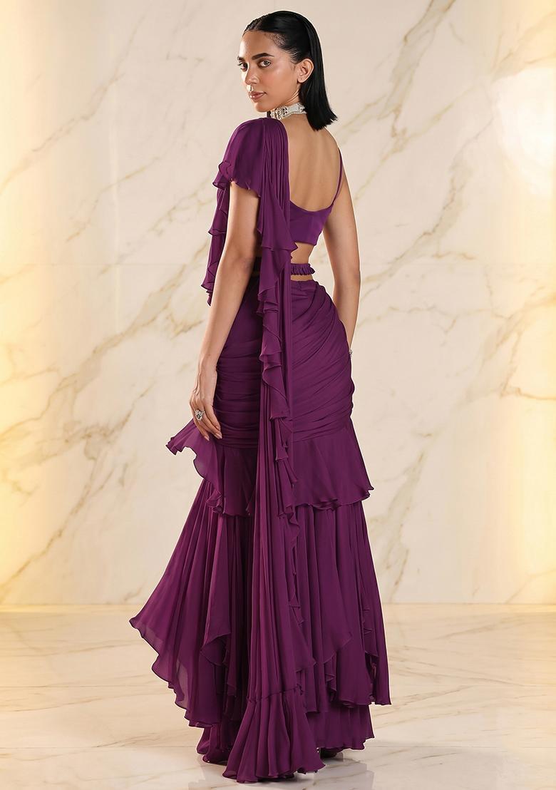 Magenta Embroidered Handwork Pre Draped Saree Set - Indya