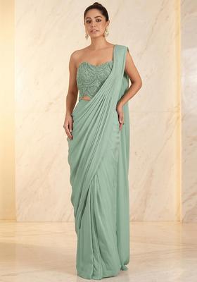 Mint Green Embroidered Handwork Pre Draped Saree Set