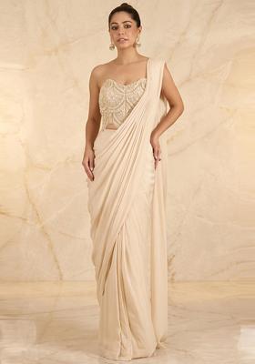 Ivory Embroidered Handwork Pre Draped Saree Set