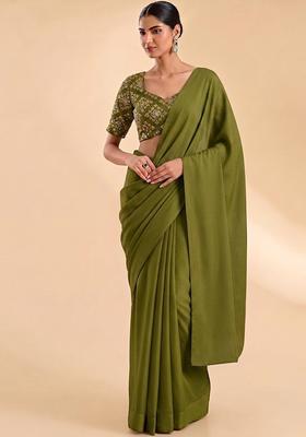 Olive Green Embroidered Crepe Pre Draped Saree Set