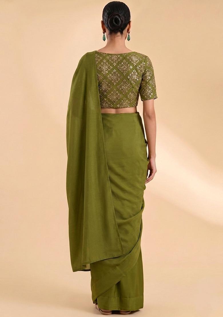 Olive Green Embroidered Crepe Pre Draped Saree Set - Indya