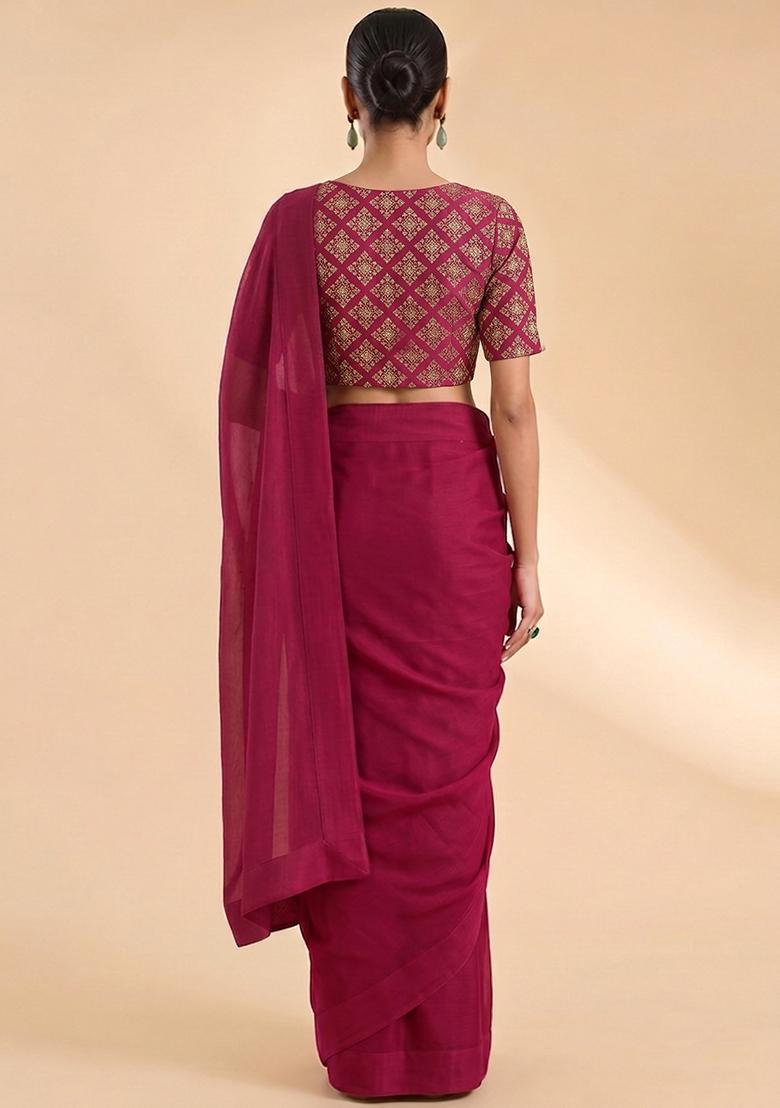 Rani Pink Embroidered Crepe Pre Draped Saree Set - Indya