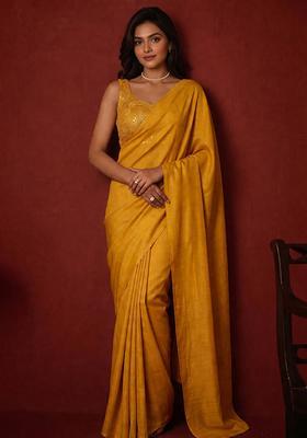 Mustard Yellow Mirror Viscose Pre Draped Saree Set