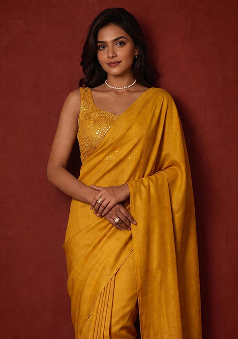 Mustard Yellow Mirror Viscose Pre Draped Saree Set - Indya