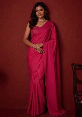 Cherry Pink Mirror Viscose Pre Draped Saree Set
