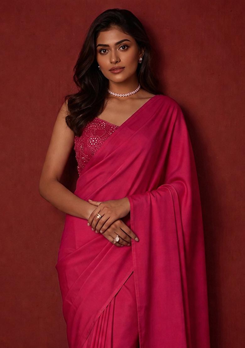 Cherry Pink Mirror Viscose Pre Draped Saree Set - Indya