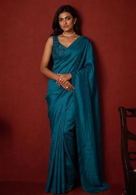 Blue Mirror Viscose Pre Draped Saree Set
