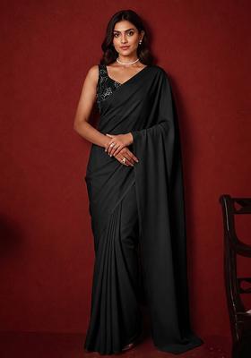 Jet Black Mirror Viscose Pre Draped Saree Set