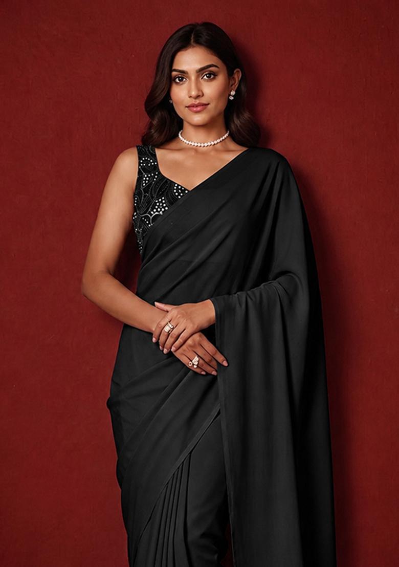 Jet Black Mirror Viscose Pre Draped Saree Set - Indya
