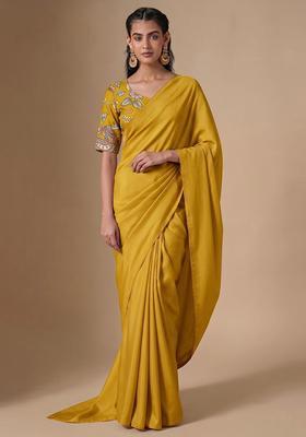 Turmeric Yellow Printed Silk Blend Pre Draped Saree Set