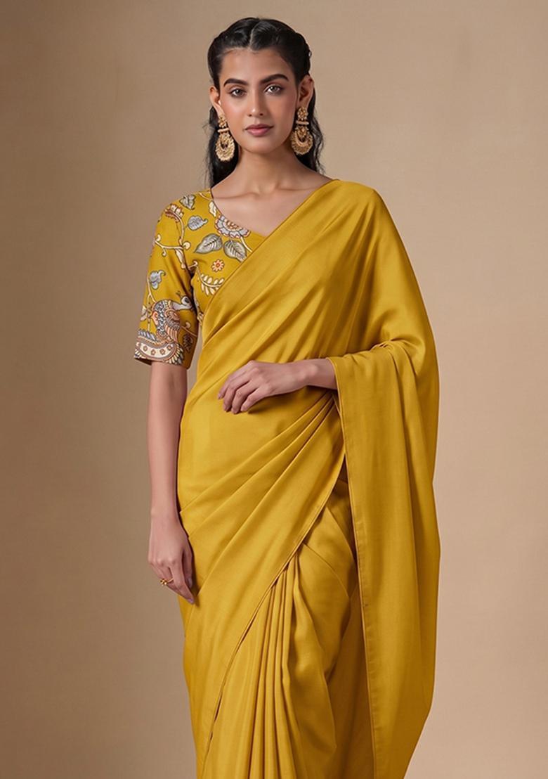 Turmeric Yellow Printed Silk Blend Pre Draped Saree Set - Indya