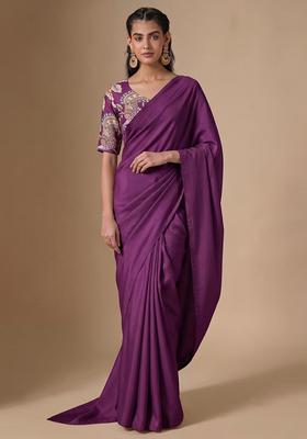 Byzantium Purple Printed Silk Blend Pre Draped Saree Set
