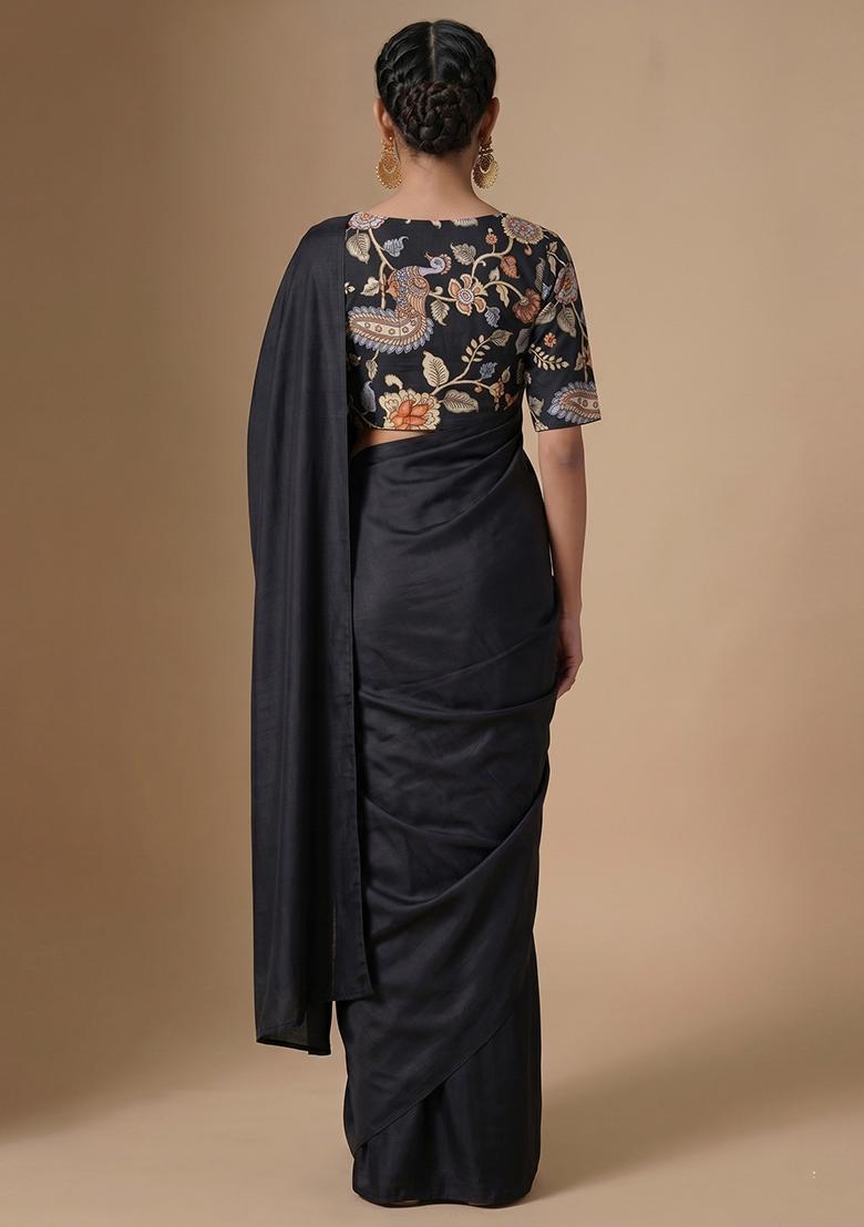 Jet Black Printed Silk Blend Pre Draped Saree Set - Indya