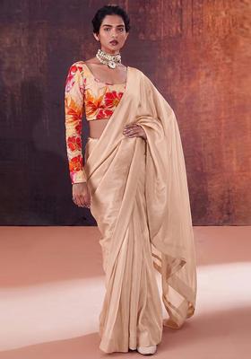 Beige Printed Crepe Pre Draped Saree Set