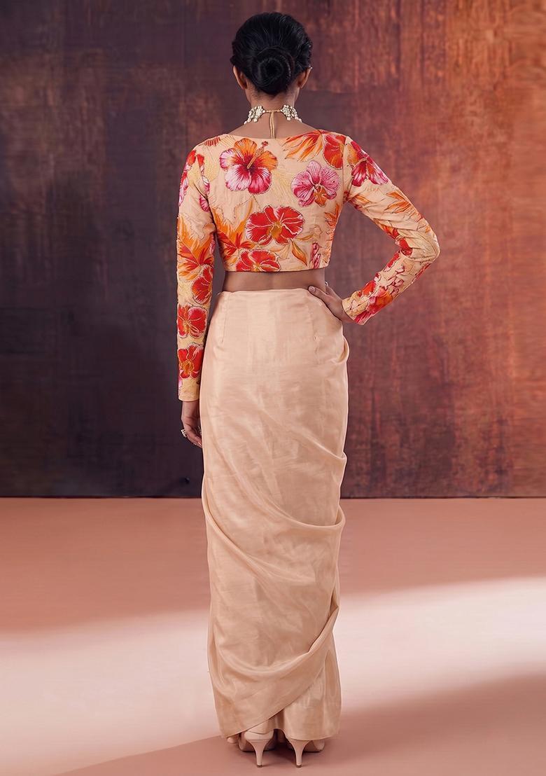 Beige Printed Crepe Pre Draped Saree Set - Indya