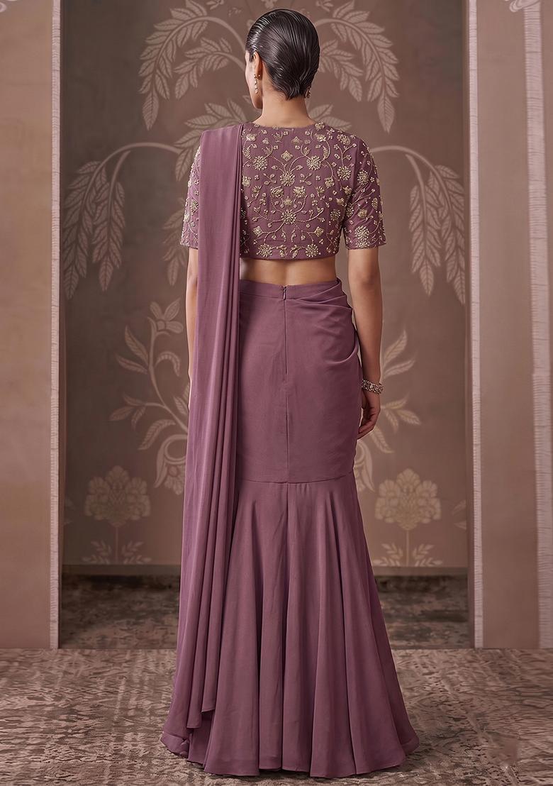 Mauve Embroidered Tissue Pre Draped Saree Set - Indya