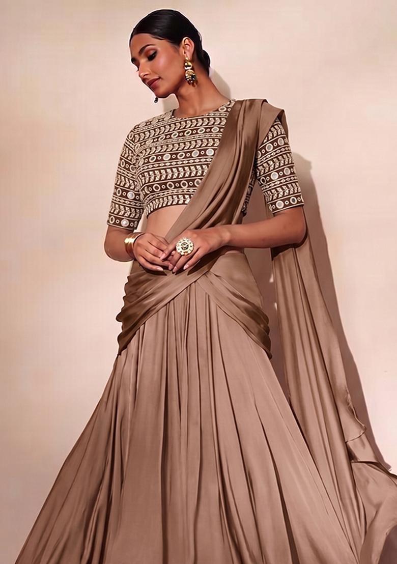Brown Mirror Georgette Lehenga Set - Indya