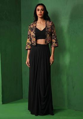 Black Embroidered Crepe Lehenga Set