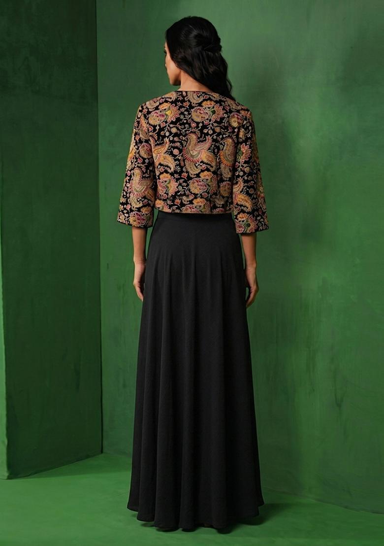 Black Embroidered Crepe Lehenga Set - Indya
