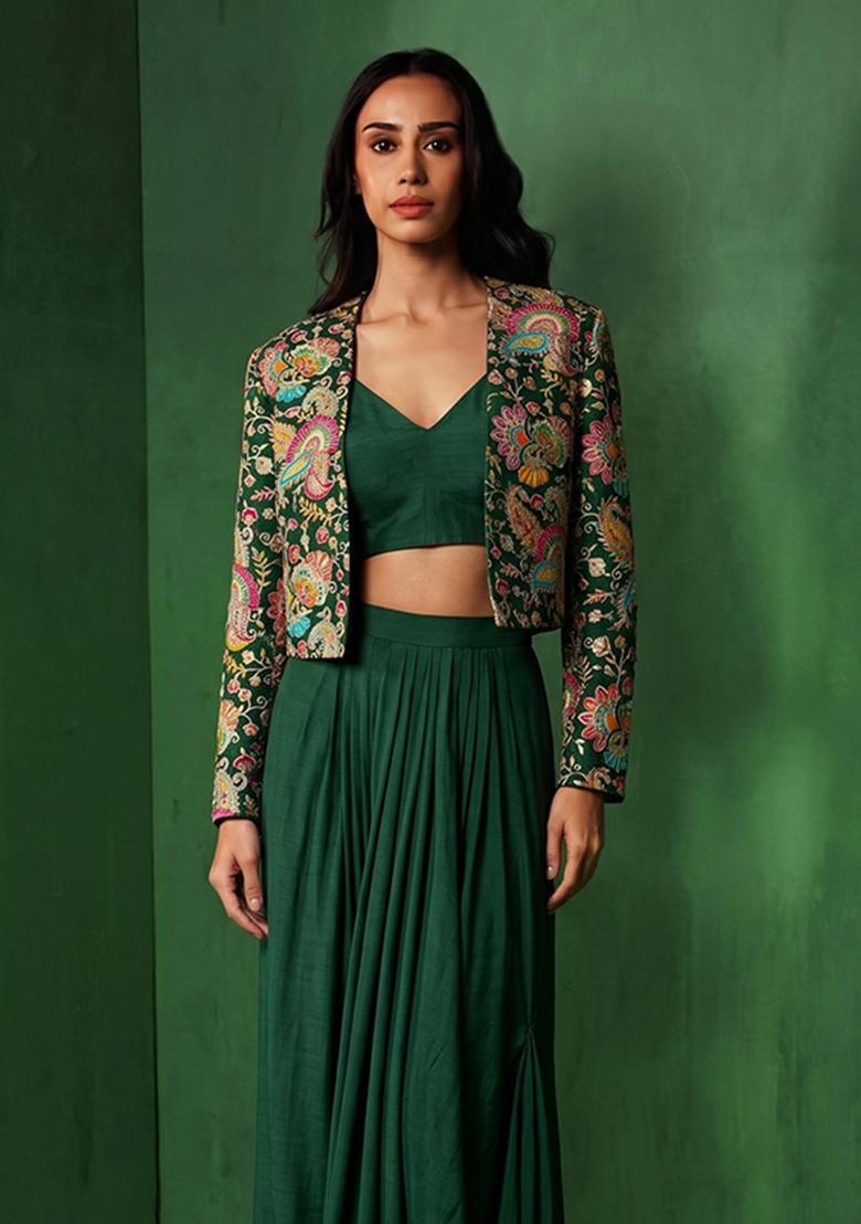 Bottle Green Embroidered Crepe Lehenga Set - Indya