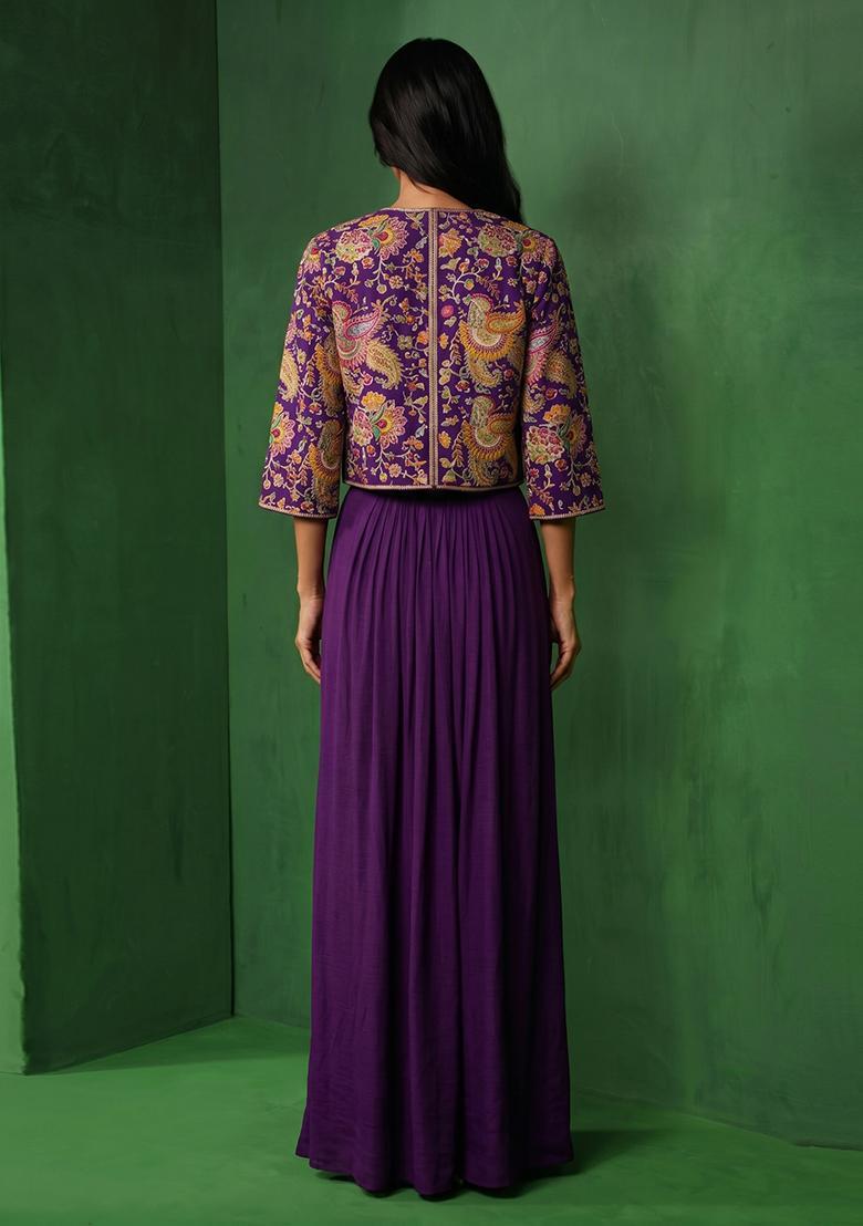 Purple Embroidered Crepe Lehenga Set - Indya