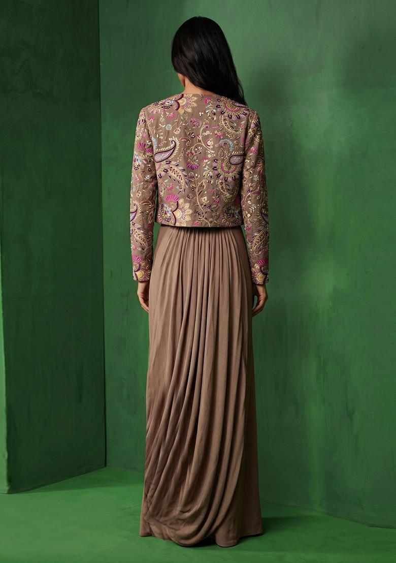 Beige Embroidered Crepe Lehenga Set - Indya