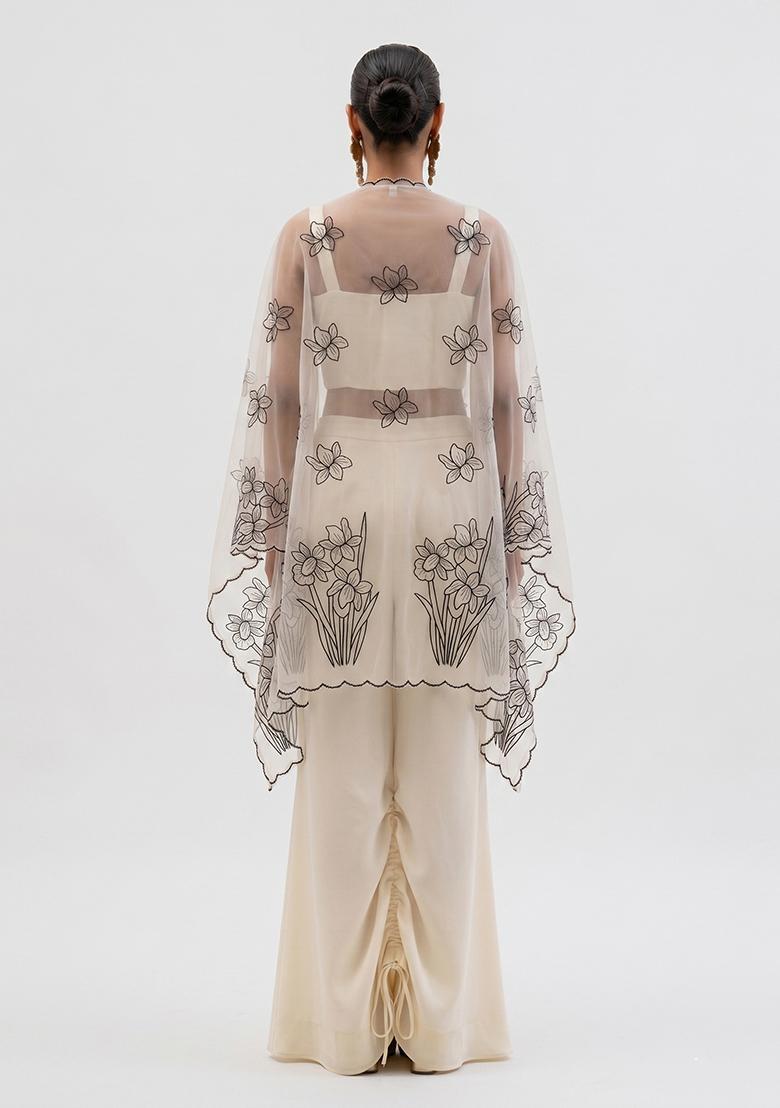 White Embroidered Organza Fusion Set - Indya