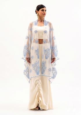 Blue Embroidered Organza Fusion Set