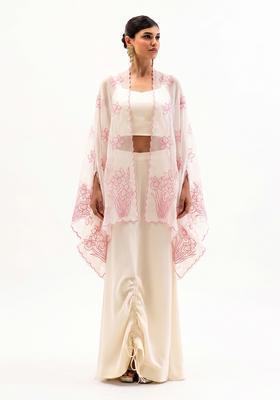 Pink Embroidered Organza Fusion Set
