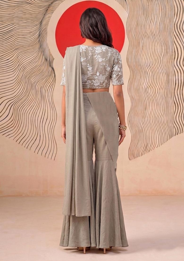 Grey Embroidered Chanderi Fusion Set - Indya