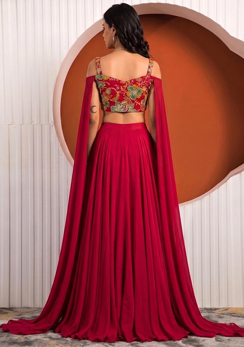 Crimson Red Printed Organza Lehenga Set - Indya