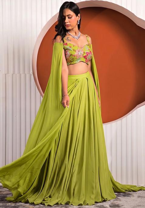 Lime Green Printed Organza Lehenga Set