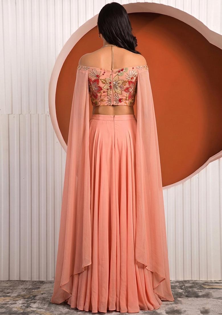 Peach Printed Organza Lehenga Set - Indya