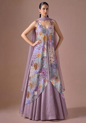 Lavender Printed Crepe Lehenga Set