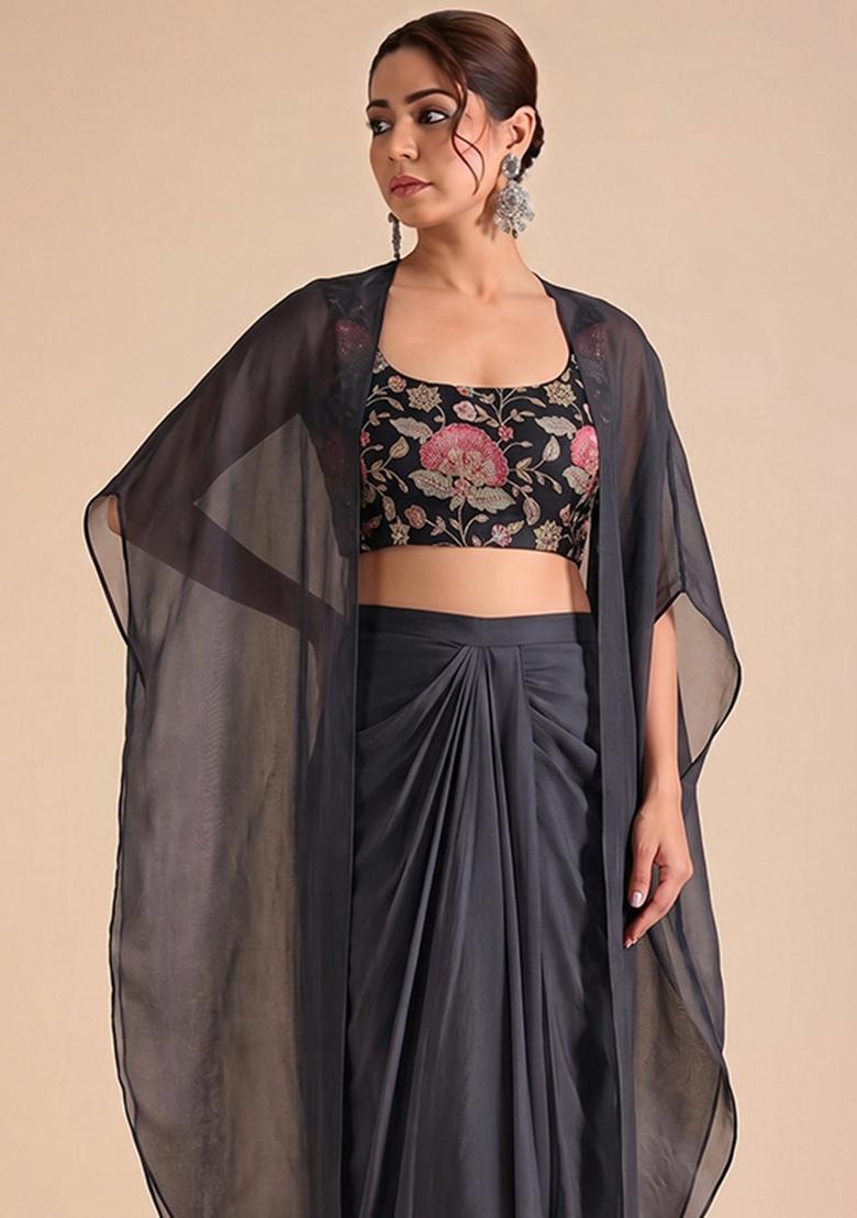 Charcoal Grey Printed Organza Fusion Set - Indya