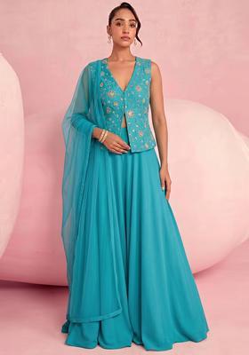 Blue Embroidered Tissue Lehenga Set