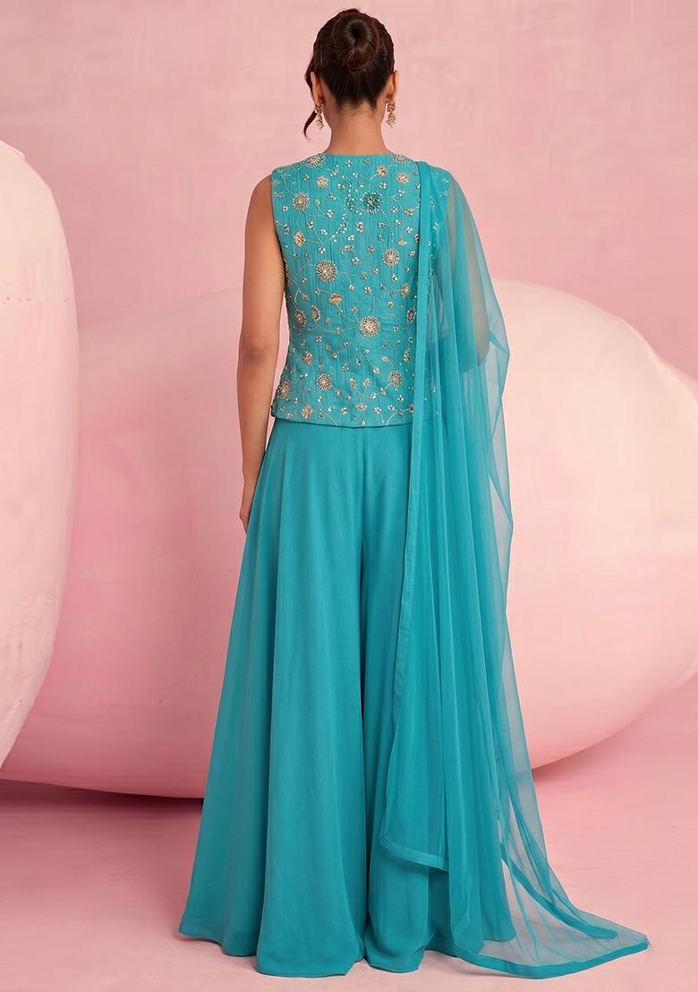 Blue Embroidered Tissue Lehenga Set - Indya