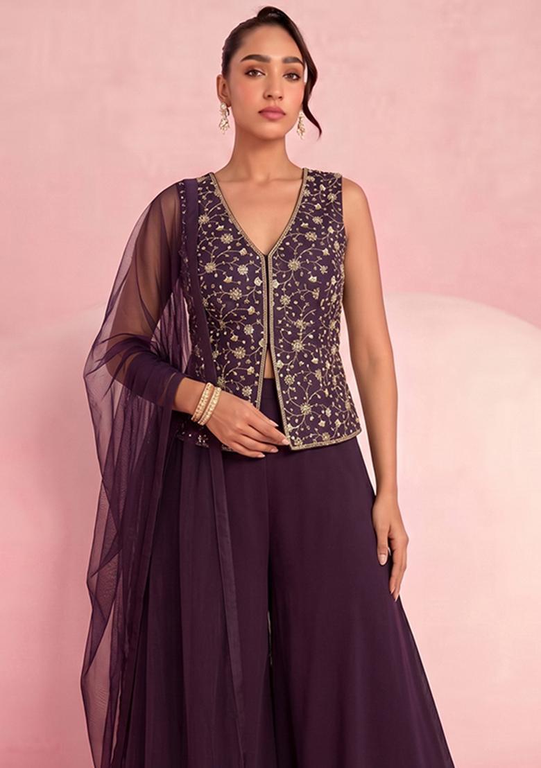 Purple Embroidered Tissue Lehenga Set - Indya