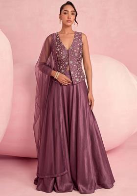 Mauve Embroidered Tissue Lehenga Set