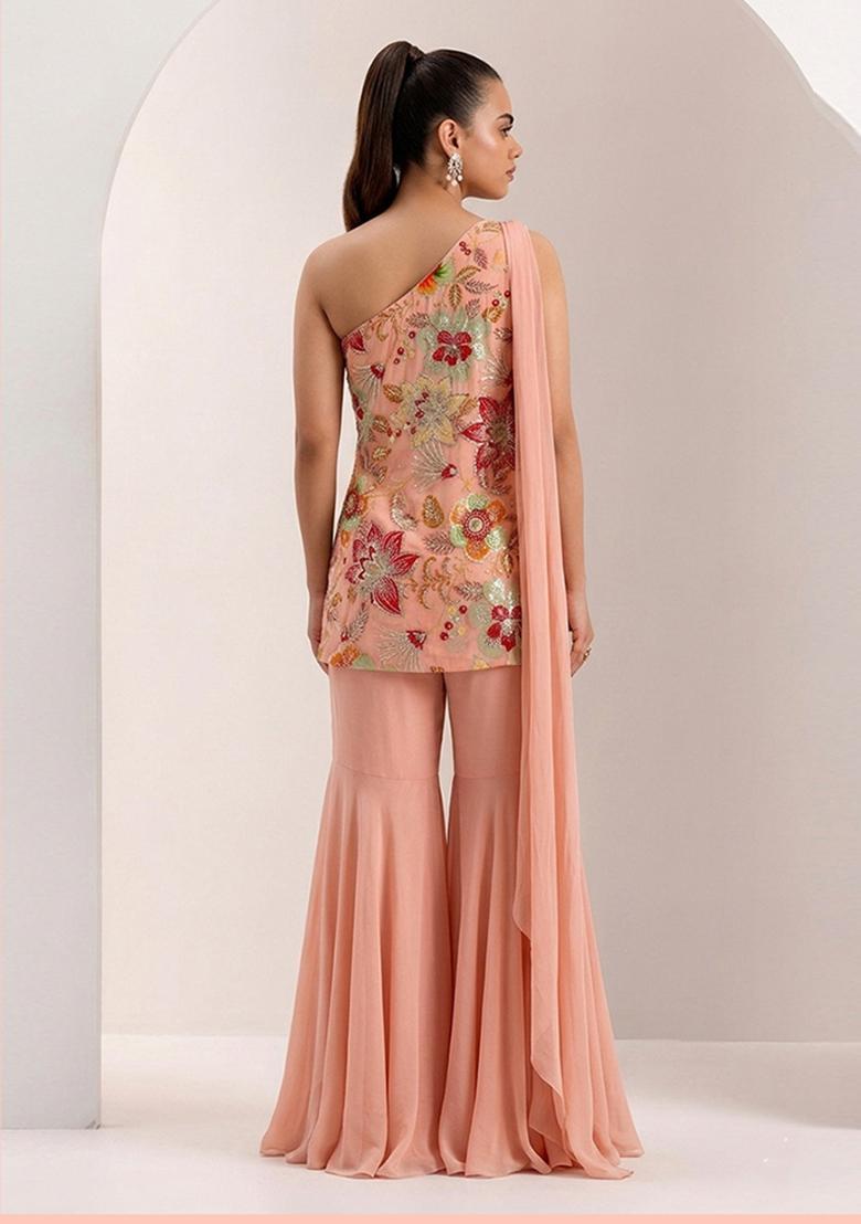 Peach Printed Organza Fusion Set - Indya