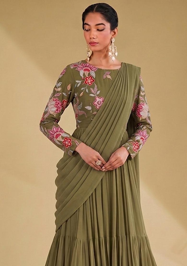 Forest Green Printed Organza Lehenga Set - Indya
