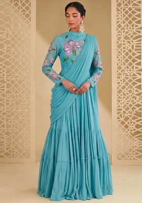 Blue Printed Organza Lehenga Set
