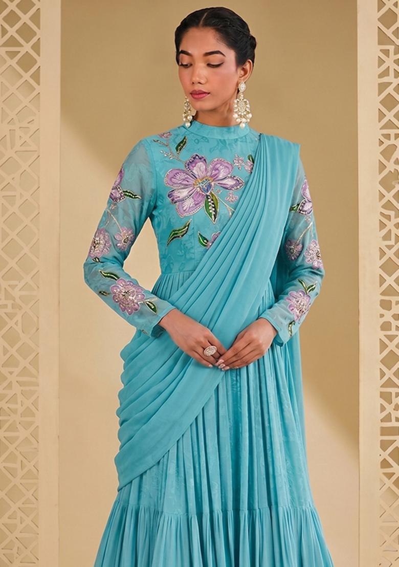 Blue Printed Organza Lehenga Set - Indya