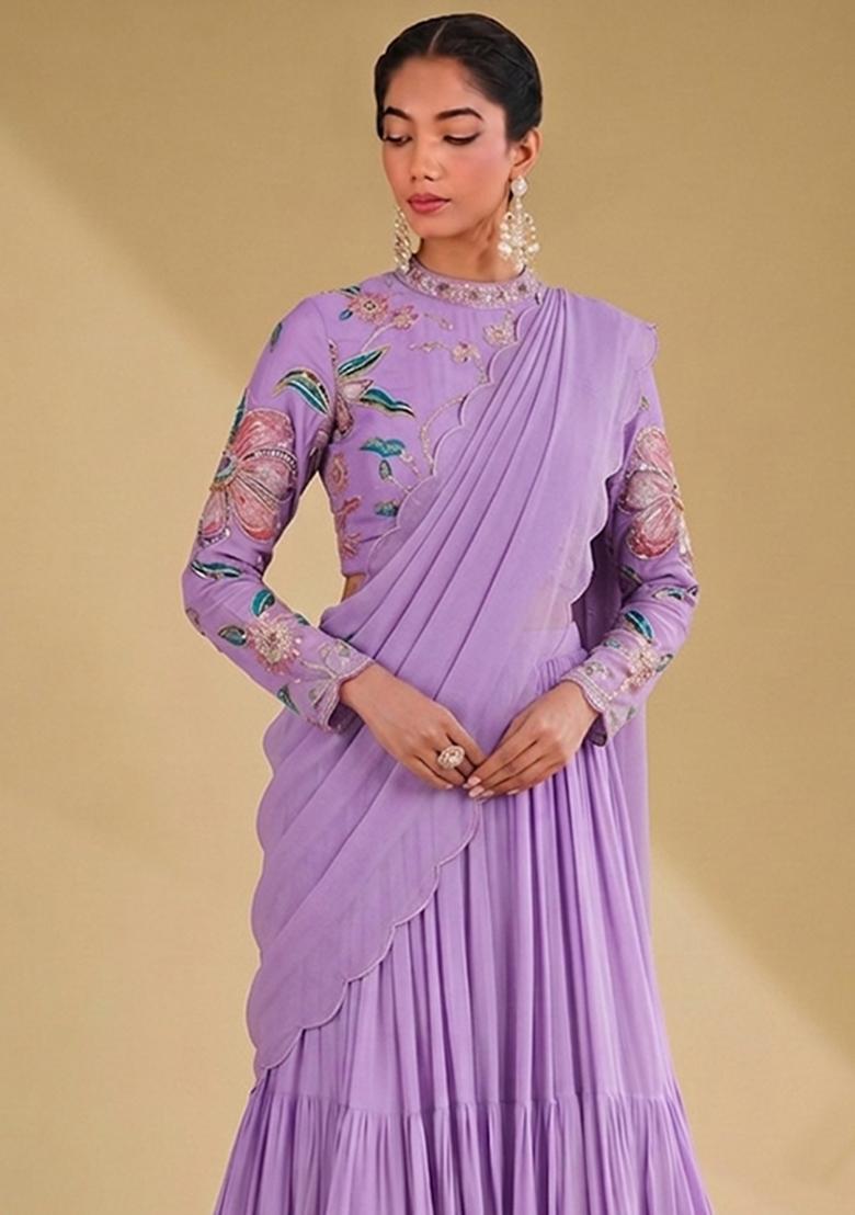 Lavender Printed Organza Lehenga Set - Indya