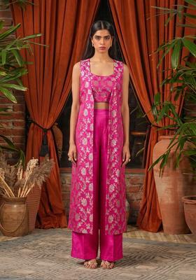 Magenta Pink Embroidered Silk Blend Fusion Set