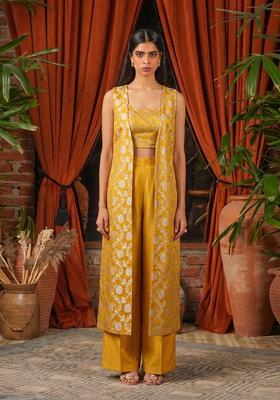Mustard Embroidered Silk Blend Fusion Set